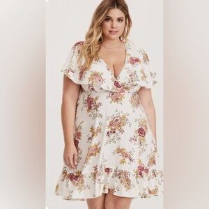 Floral Ruffle V-Neck Plus-Size Dress in Ivory